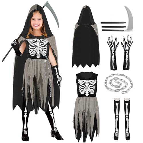 Sensenmann Kostüm Kinder Mädchen 128-134 mit Sense Handschuhen Beinsocken Ketten Gruselig Halloween Kostüm Sensenmann Kinder Mädchen Reaper Kostüm Schwarzer Sensenmann Umhang mit Kapuze Halloween von YADODO