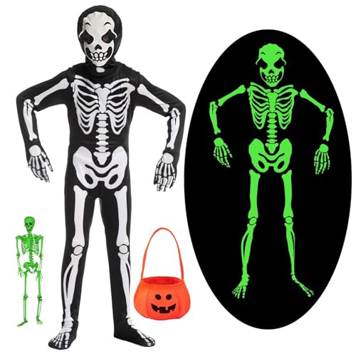 Skelett Kostüm Kinder Junge Mädchen Leuchtend Halloween Kostüm Kinder Junge Mädchen Skelett Jumpsuit Anzug mit Tasche Kostüm Skelett Kinder 140 146 152 Geister Skelettkostüm für Kinder Halloween von YADODO