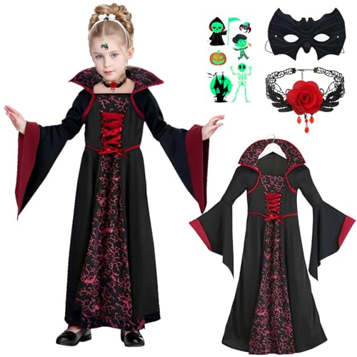 Vampir Kostüm Mädchen Kleid 116-122 mit Mask Halskette Halloween Kostüm Kinder Vampir Kleid Mädchen Vampirkostüm Kind Mädchen Kapuzen Royal Gothic Vampirin Kleid Mädchen Vampir Kostüm Kinder Halloween von YADODO