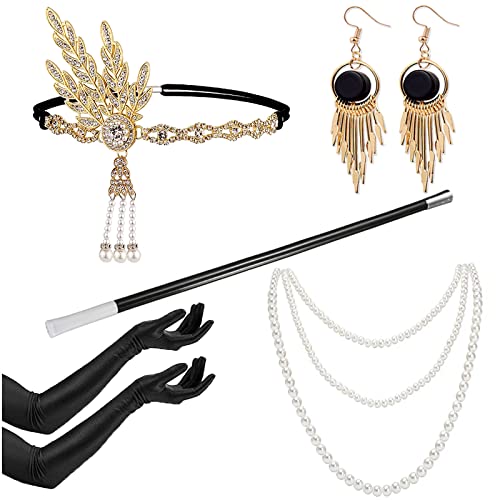 YADODO 20er Jahre Accessoires Damen 5 Stück Gatsby Accessoires Damen mit Kopfschmuck 20er jahre Damen Lange Handschuhe Ohrringe Halsketten 1920er Accessoires Damen Frauen Karneval Fasching von YADODO