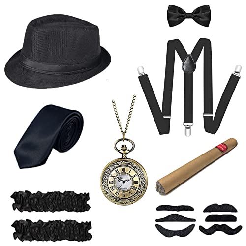 YADODO 20er Jahre Accessoires Herren Set Mafia Kostüm Herren Accessoires 1920er Herren Accessoires Gatsby mit Taschenuhr Gefälschter Schnurbart Hut Fliege Krawatte für Fasching Halloween Party Cosplay von YADODO