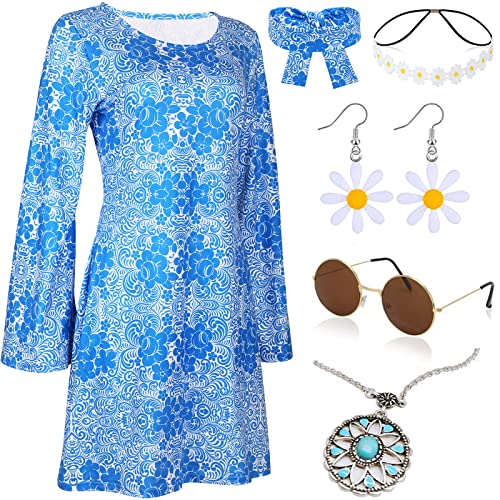 YADODO 60er 70er Jahre Bekleidung Damen Hippie Kostüm Damen Accessoires 70er kostüm Damen Kleid Disco Hippie Kleidung Damen Kostüm Flower 70er Mode Outfit karnevals Faschingskostüm Damen(S) von YADODO