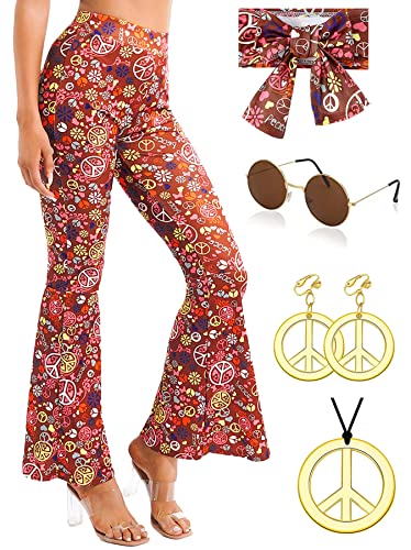 YADODO 70er Jahre Damenhose Hippie Kostüm Damen Disco Hosen Set Hippie kleidung Damen Mädchen FaschingSkostüme 60er 70er Jahre Halloween Outfit Retro Schlaghose Boho Schlaghose für Karneval (M) von YADODO