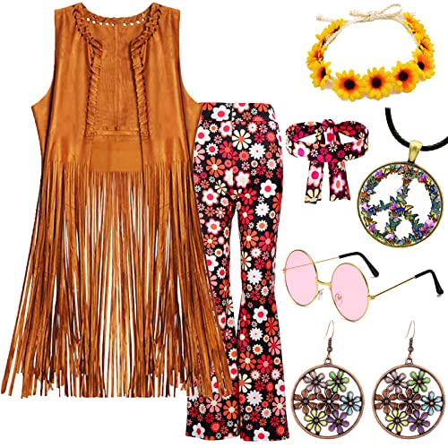 YADODO 70er Jahre Verkleidung Frauen Disco Hippie Kleidung Fransen Weste mit Abba Kostüm Schlaghose & Accessoires Damen Mädchen 60er für Halloween Outfits (S), Braun von YADODO