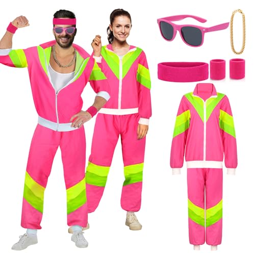 YADODO 90er 80er Jahre Outfit Herren Damen Rose Trainingsanzug Jacke Hose Anzug 80er Accessoire 80er Jahre Kleidung Herren New Kids Kostüm 80iger Schlagerparty Bad Taste Outfit Paare Karneval (L) von YADODO