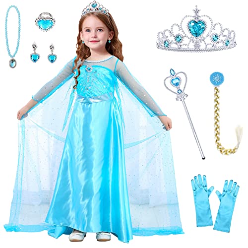 YADODO Elsa Kostüm Kinder Mädchen Prinzessin Elsa Kleid Mädchen Eiskönigin 110 116 mit Krone Diadem Handschuhe Zauberstab Kostüm Elsa Kinder Mädchen für Weihnachten Karneval Geburtstag Party 120cm von YADODO