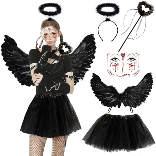 YADODO Engel Kostüm Damen Set mit Engelsflügel Schwarz Heiligenschein TuTu Rock und Zauberstab Federflügel Engel Angel Wings Cosplay Schwarze Engelsflügel Teufel Kostüm Damen Mädchen für Halloween von YADODO