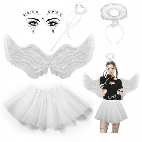 YADODO Engel Kostüm Damen mit Engelsflügel Weiß Groß Heiligenschein TuTu Rock und Zauberstab Federflügel Engel Angel Wings Cosplay Weiße Engelsflügel Kostüm Damen Mädchen Erwachsene für Halloween von YADODO