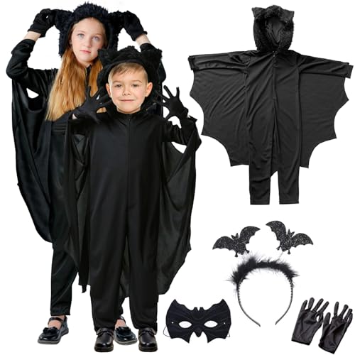 YADODO Fledermaus Kostüm Kinder Mädchen Jungen 104 110 116 mit Fledermaus Maske Haarreif Handschuhen Halloween Kostüm Kinder Fledermaus Umhang Kinder Fledermaus Flügel Vampir kostüm Jumpsuit Kinder von YADODO