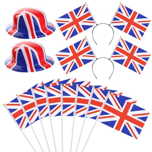 YADODO Haarreif, Hut mit Union Jack-Flaggen, für Damen, Herren, Kinder, Set mit 8 Stoff-Flaggen auf Stäbchen, 2 Stück Union-Jack-Kopf-Bopper, britische Flagge, Schleife, Stirnband für britische von YADODO