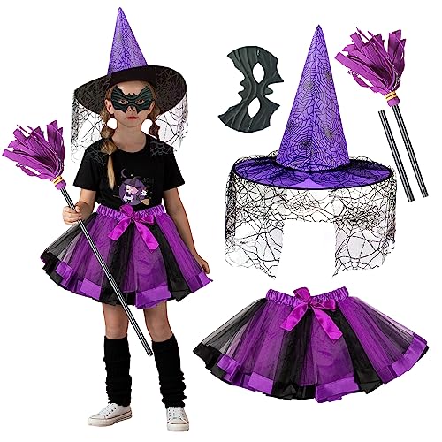 YADODO Hexenkostüm Mädchen Kinder 110-158 mit Hexenhut Hexenbesen Tutu Rock Mask Halloween Kostüm Hexe Kostüm Kinder Mädchen Hexenkleid für Halloween Mottoparty von YADODO