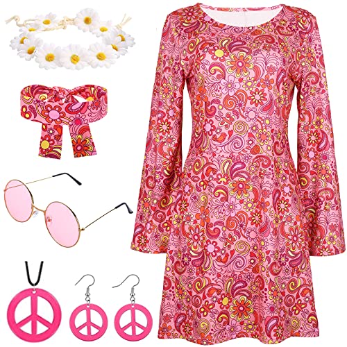 YADODO Hippie Kleidung Damen 60er 70er Jahre Hippie kostüm Damen Kleid und Hippie Accessoires 70er Jahre Bekleidung Damen Disco Fever Kleidung Girl Damen Kleid für Karneval Motto-Party (S) von YADODO