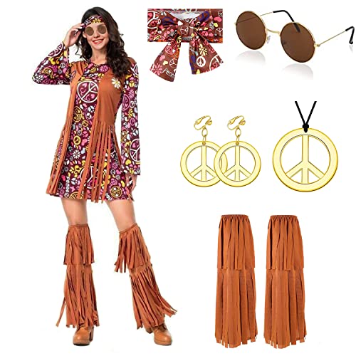 Hippie Kostüm Damen Kleid Set mit Hippie Accessoires 70er Jahre Bekleidung Damen FaschingsKostüm kleid Damen Frau 60er 70er Jahre Kostüm Damen Kleid Disco Outfits Karneval Hippie kleidung Damen(S) von YADODO