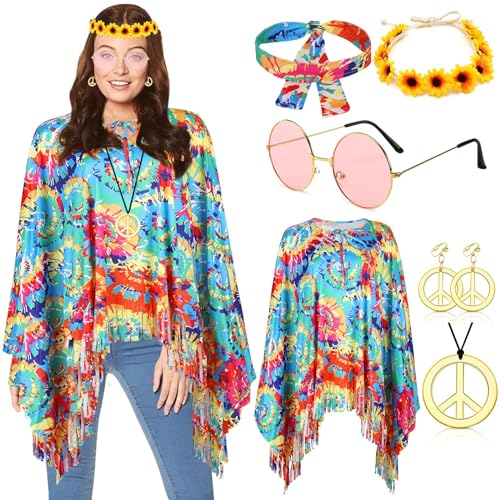 YADODO Hippie-Kostüm Damen Outfit 70er Jahre Dicso Poncho mit 6 Stück Zubehör Hippie 60er 70er Jahre Hippie Kostüm Damen Erwachsene Kostüm 70er Jahre Outfit Disco Kostüm für Karneval Halloween von YADODO