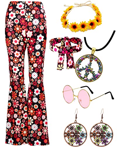 YADODO Hippie Kostüm Damen Set Hippie Schlaghose Damen Bunt Hippie Peace Kette Brille Stirnband 60er 70er Jahre Outfit Damen Party Boho Hippie kleidung Damen Hosen 70er Jahre Bekleidung Damen(XXL) von YADODO