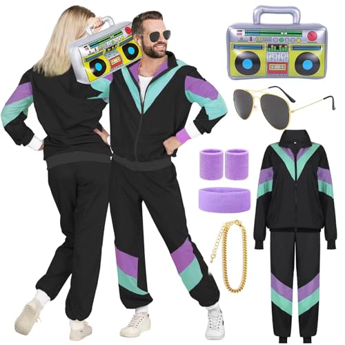 YADODO Kostüm 80er 90er Jahre Damen Herren Kostüm 80er Jahre Trainingsanzug Set mit Jacke und Hose Kostüm 80er Jahre Zubehör Disco Retro für Karneval, Fasching, Joggen (L) von YADODO