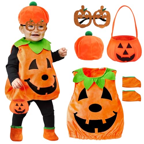 YADODO Kürbis Kostüm Kinder Baby 92 98 104 mit Hut Handtasche Maske Halloween Kostüm Kinder Kürbis Mädchen Jungs kürbiskostüm Kind Baby Kürbis Kostüm Kleidung für Halloween Cosplay Kürbis S von YADODO