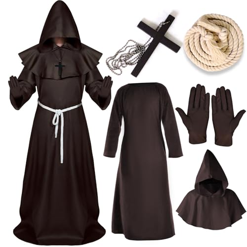 YADODO Mönch Kostüm Herren mit Kapuze Priester Kostüm Herren Kirche Halloween Kostüm Priester Mönch Robe Gewand Mittelalter Renaissance Robe Mönchskutte Braun für Herren Halloween Mottoparty XL von YADODO