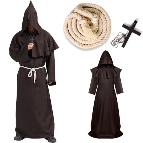 YADODO Mönch Kostüm Herren mit Kapuze Priester Kostüm Herren Kirche Halloween Kostüm Priester Mönch Robe Gewand Mittelalter Renaissance Robe Mönchskutte Braun für Herren Halloween Mottoparty L von YADODO