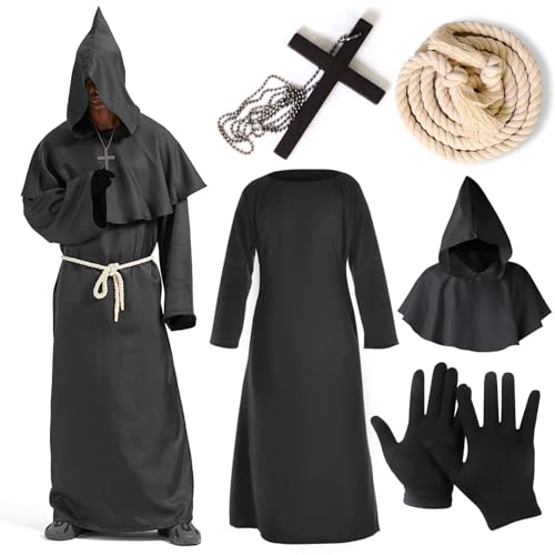 YADODO Mönch-Kostüm für Erwachsene, Herren, Mönchskostüm, Priester, Cape mit Kapuze, mit Kreuz, Gürtel, Kostüm, Priester, Halloween-Kostüm, Herren, Mittelalterliches Mönch-Kostüm für Halloween, von YADODO