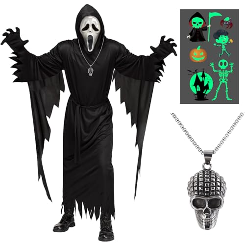 YADODO Scream Kostüm Kinder 128 134 140 146 152 158 Ghostface Kostüm Kinder Jungne Halloween Kostüm Scream Ghostface mit Maske Sensenmann Kostüm Kinder Ghost Face Scream Kostüm Umhang (L) von YADODO