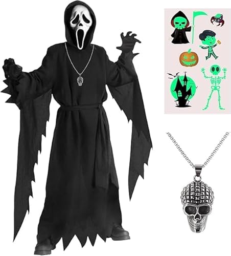 YADODO Scream Kostüm Kinder 134 140 Ghostface Kostüm Kinder Jungne Halloween Kostüm Scream Ghostface mit Ghost Maske Sensenmann Kostüm Kinder Ghost Face Scream Kostüm Umhang Kinder für Halloween von YADODO