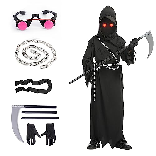 YADODO Sensenmann Kostüm Herren Damen Schwarzer Umhang mit Kapuze Sense Brille Geister ketten Handschuhen Gruselig Halloween Sensenmann Herren Grim Reaper Scream Kostüm Erwachsene von YADODO