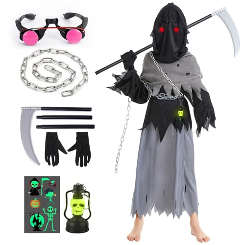 YADODO Sensenmann Kostüm Kinder Junge 152 158 164 Gruselig Halloween Kostüm Kinder Sensenmann Umhang mit Sense Kapuze Ketten Sonnenbrille Aufkleber Scream Reaper Kostüm Sensenmann Kinder für Halloween von YADODO