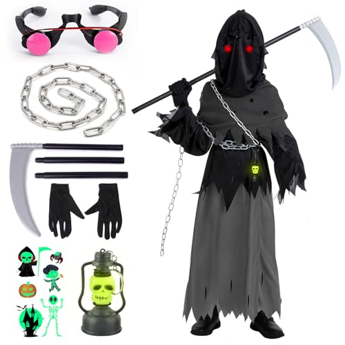 YADODO Sensenmann Kostüm Kinder Junge 152 158 164 Gruselig Halloween Kostüm Kinder Sensenmann Umhang mit Sense Kapuze Ketten Sonnenbrille Aufkleber Scream Reaper Kostüm Sensenmann Kinder für Halloween von YADODO