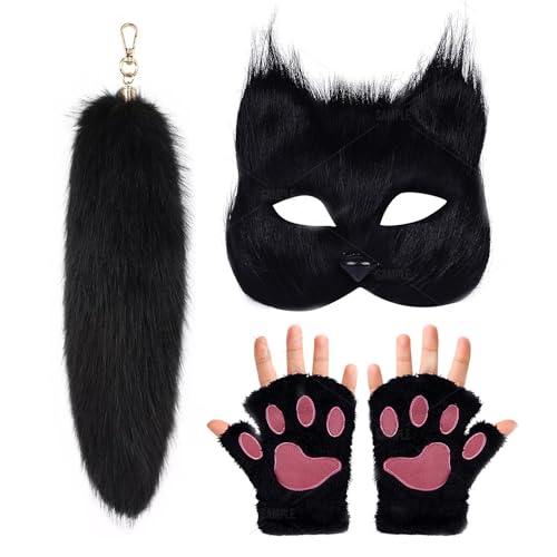 YAIZLBCA Therian Maske und Schwanz Schlüsselanhänger Paw Fingerlose Plüsch Handschuhe Set Halloween Katze Maske Schwanz Cosplay Fuchsmaske Wolfsschwanz, Schwarz, Einheitsgr��e von YAIZLBCA