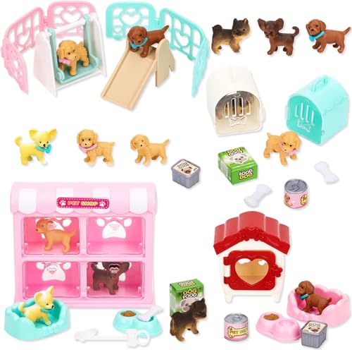 27 Stück Miniatur Hund Puppenhaus Zubehör, Realistische Hundefiguren Spielzeugset mit Mini Hundefiguren Miniatur Hundehütte Hundebett Hundenapf Hundekäfig Mini Hundefutter für Miniatur Garten Deko von YAJIMAOY