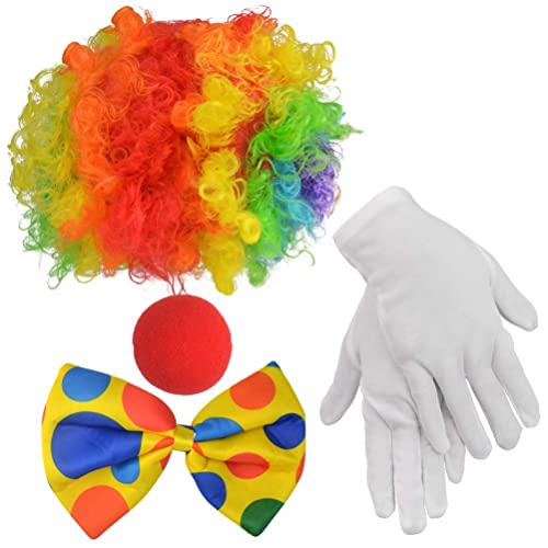 4 Stück Clown Kostüm Accessoire mit Clown Perücke, Baumwollhandschuhe Weiß, Clown Fliege, Rot Clown Nase, Faschingskostüme für Kinder Erwachsene Halloween Cosplay Zirkusshow Karneval Kostüm Zubehör(B) von YAJIMAOY