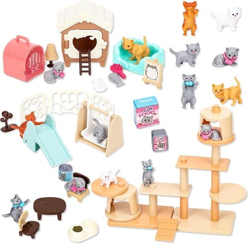 46 Stück Katze Puppenhaus Zubehör, Katzenfiguren Spielset, Wichtel Zubehör, Katzenbaum Katzenhaus Katzenfutter Katzenbett Möbel für Miniatur Garten Deko von YAJIMAOY