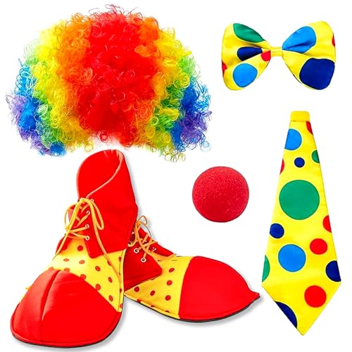 5 Stück Clown Kostüm Accessoire mit Clown Perücke, Clown Schuhe Damen Herren, Clown Krawatte, Clown Fliege, Rot Clown Nase, für Kinder Erwachsene Halloween Cosplay Zirkusshow Karneval Kostüm Zubehör von YAJIMAOY