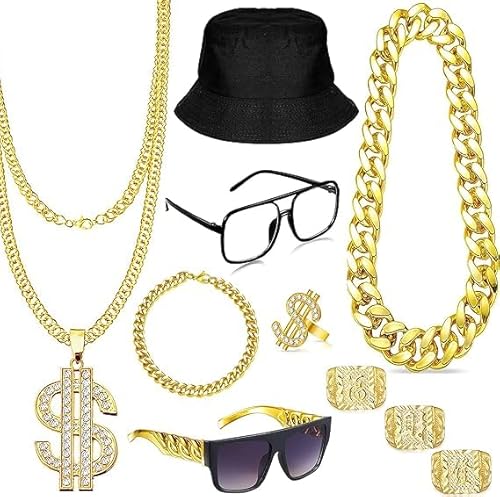 Hip Hop Kostüm Kit 10 Stück Rapper Accessoires, 80er 90er Jahre Herren Hip Hop Zubehör mit Bucket Hut Sonnenbrille Goldkette Dollar Halskette Ring Armband, Zuhälter Kostüm für Karneval Mottopartys (A) von YAJIMAOY