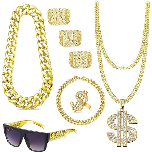 Hip Hop Kostüm Kit 8 Stück Rapper Accessoires, 80er 90er Jahre Outfit Herren Hip Hop Zubehör mit Sonnenbrille Goldkette Dollar Halskette Ring Armband, Zuhälter Kostüm für Karneval Mottopartys Cosplay von YAJIMAOY