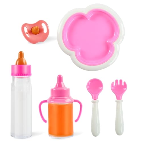 Magische Flasche Baby Puppe Flasche, 6 Stück Puppen Zubehör Set mit Magische Puppenflasche, Schnuller, Teller, Löffel, Gabel, Baby Puppenflasche, Puppenzubehör Puppenspielzeug, Puppen Fütterungsset von YAJIMAOY