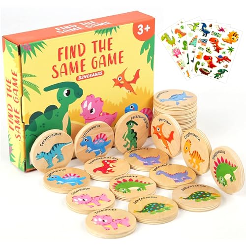 Memory Spiel, Montessori Spielzeug Memo Spiel Holz, Gedächtnisspiele Kinder, Dinosaurier Memory Matching Spiel mit Dino Tattoo Kinder, Merkspiel Kinder Lernspielzeug für Konzentration ab 3 Jahren von YAJIMAOY