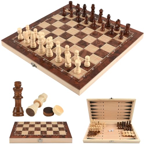 Schachspiel aus Holz, Schach Dame Backgammon 3 in 1 Schachbrett Holz Hochwertig, Einklappbar Reiseschach, Chess Board Set Tragbares mit Schachfiguren für Kinder Erwachsene Drinnen Draußen Reisen von YAJIMAOY