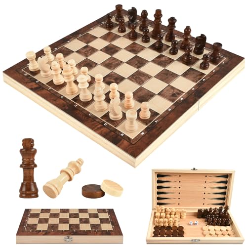 Schachspiel aus Holz, Schach Dame Backgammon 3 in 1 Schachbrett Holz Hochwertig, Einklappbar Reiseschach, Chess Board Set Tragbares mit Schachfiguren für Kinder Erwachsene Drinnen Draußen Reisen von YAJIMAOY