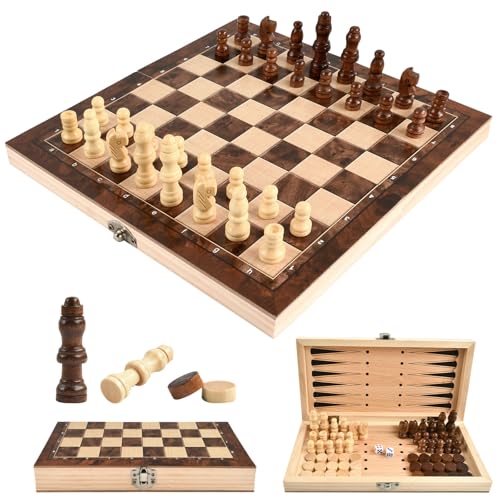 Schachspiel aus Holz, Schach Dame Backgammon 3 in 1 Schachbrett Holz Hochwertig, Einklappbar Reiseschach, Chess Board Set Tragbares mit Schachfiguren für Kinder Erwachsene Drinnen Draußen Reisen von YAJIMAOY