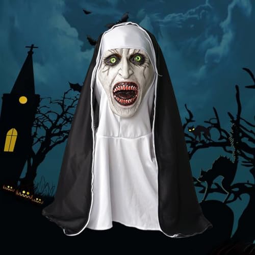 YANAYANA Gruselige Halloween Masken, Gruselige Nonnen Maske, Halloween Masken Gruselige Nonnen Maske mit Kopftuch, Totenkopf Maske Halloween Schädel Maske Kostümpartys Cosplay Kostüm Party, Unisex von YANAYANA