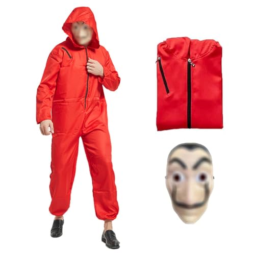 YANAYANA Haus des Geldes Kostüm mit Dali Salvador Maske, 140 cm Cosplay Kostüm Kinder, Rote Kombi mit Kapuze, Halloween Kostüm Set für Fasching, Karneval, Halloween, Themenparty Dieb, Einbrecher von YANAYANA