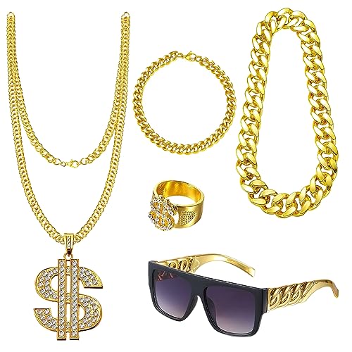 YANAYANA Hip Hop Kostüm Set, 5 Stück Rapper Hiphop Kostüm, 80er 90er Jahre Outfit Herren Hip Hop Rapper Accessories, Dollar Kette & Ring Armband,Brille,Goldkette für Karneval Cosplay Fasching Party von YANAYANA