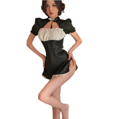 YANBLOS Curvy Reizwäsche Damen Sexy Cosplay Outfit Damen Krankenschwester Kostüm Pflegeuniformen Damen Babydoll Reizwäsche Damen Dienstmädchen Kostüm Sexy Damen A-Black L von YANBLOS