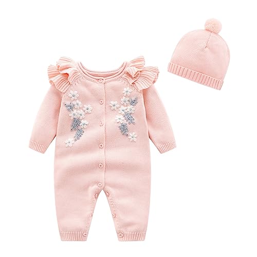 YANFJHV Baby Weihnachtsoutfit mit Blumendruck und Mütze für 1 bis 18 Monate (Pink, 1-3 Months) von YANFJHV