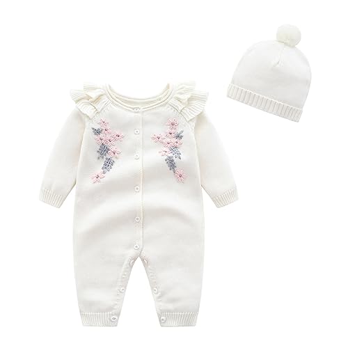 YANFJHV Baby Weihnachtsoutfit mit Blumendruck und Mütze für 1 bis 18 Monate (White, 12-18 Months) von YANFJHV