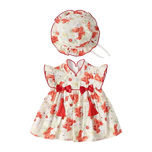 YANFJHV Kostüme Kinder Strampler mit Rüschen und Fliegenärmeln, süßes Kaninchen-Druck-Babykleid mit Babymütze (Red, 0-3 Months) von YANFJHV