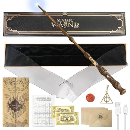 YANGUN Elderstab Zauberstab Glühen, 38 cm Dumbledore Zauberstab mit Licht, USB Aufladung Zauberstab Dumbledore in Geschenkbox, Kinder Zauberstab mit Bahnhofskarten, Spruchkarten, Halsketten, Siegel von YANGUN