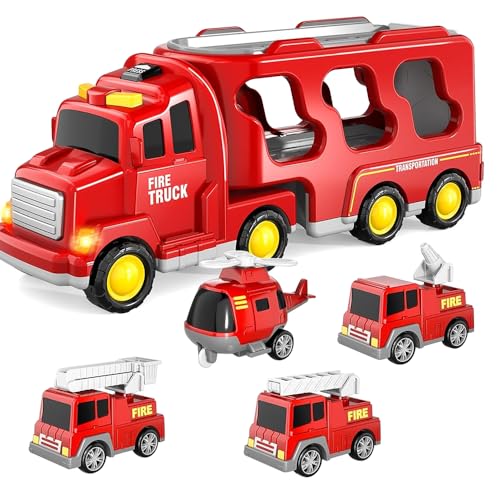 YANGUN Feuerwehrauto Spielzeug 5 In 1, Kinder Träger Feuerwehrautos Autos mit Licht & Musik, Kinder Transporter LKW mit 4-Miniautos, Reibung Power Auto Spielzeug, Geschenke für Jungen und Mädchen YANGUN Feuerwehrauto Spielzeug 5 In 1, Kinder Träger Feuerwehrautos Autos mit Licht & Musik, Kinder Transporter LKW mit 4-Miniautos, Reibung Power Auto Spielzeug, Geschenke für Jungen und Mädchen von YANGUN